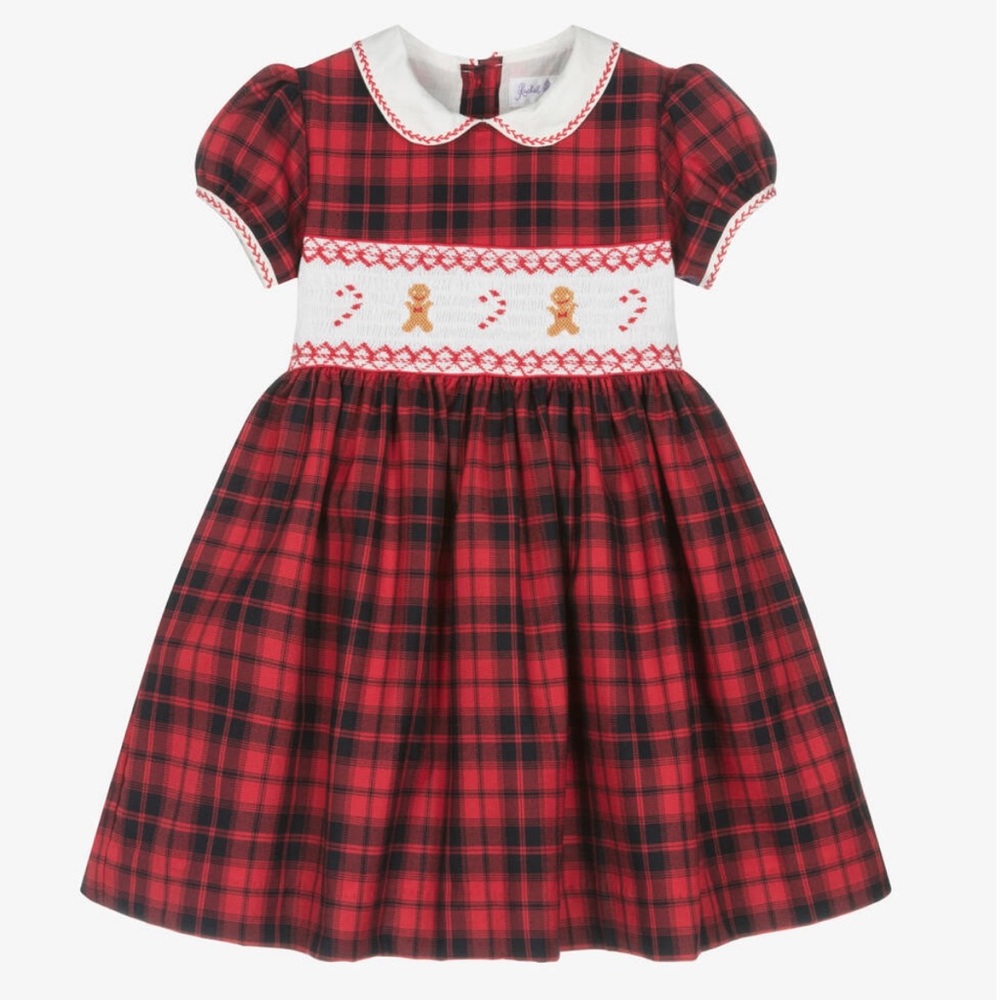 Rachel Riley Girls Gingerbread Tartan Puff Sleeve Smocked Holiday Dress, Red - Picture 2 of 15